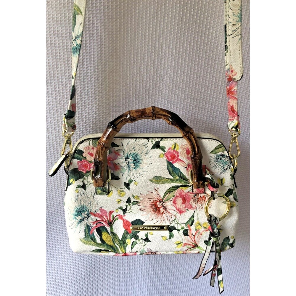 Liz Claiborne Floral Satchel Purse Faux Bamboo Handle Detachable Shoulder Strap